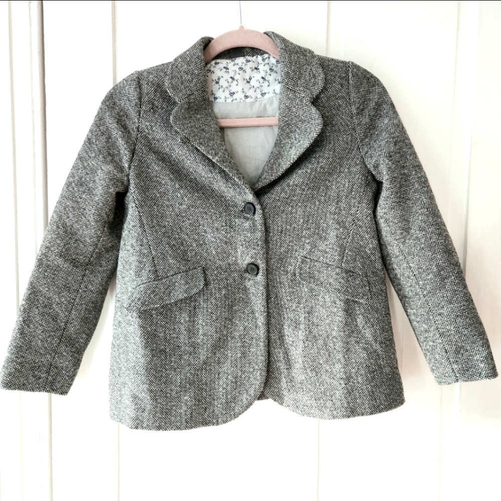 Zara Kids Boxy Gray Woven Wool Blend Tweed With Metallic Thread Blazer